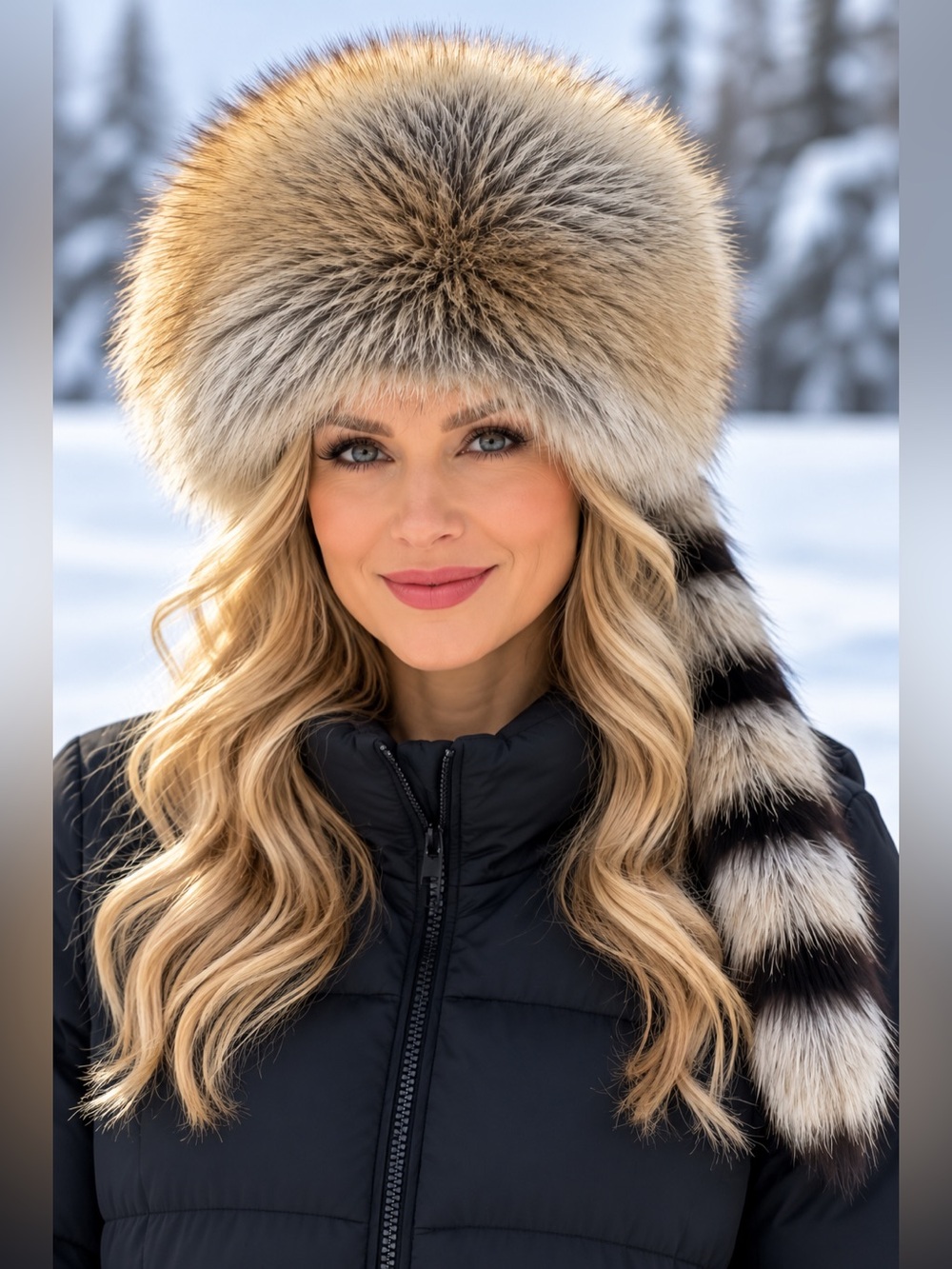 NEW: Luxurious Fluffy Faux Fur Winter Hat with Striped Tail – Golden